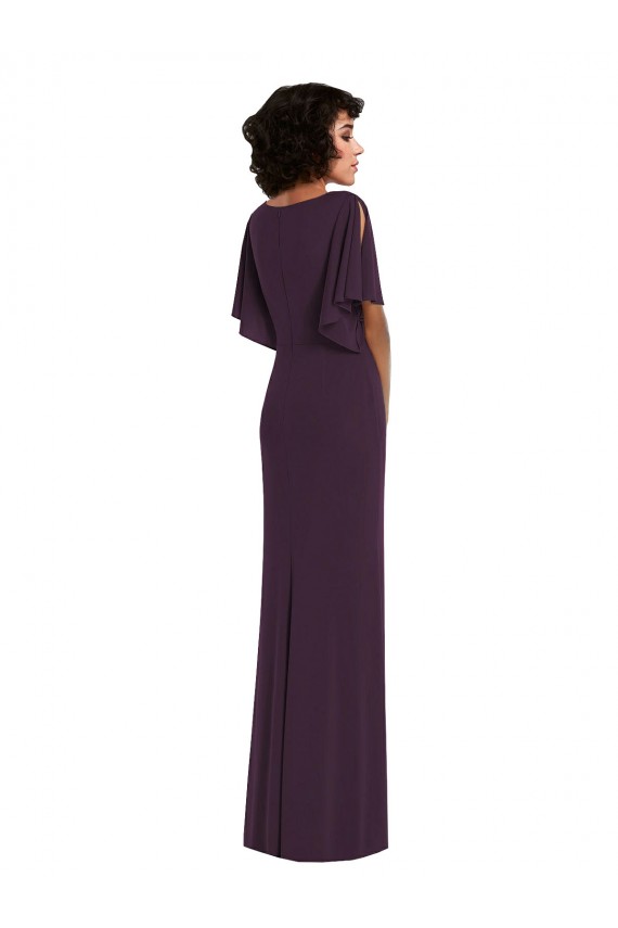 Faux Wrap Split Sleeves Spandex Evening Dress / Bridesmaid Maxi Dress with Cascade Skirt