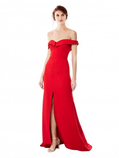 Off the Shoulder Chapel Train Crepe Maxi Dress with Thigh-High slit