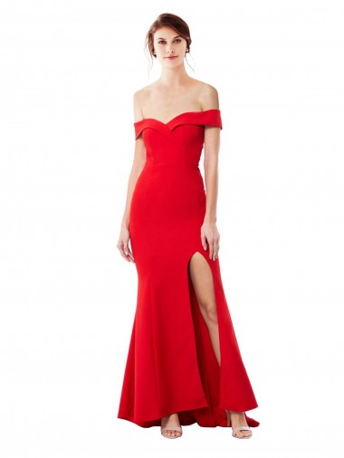 Off the Shoulder Sweetheart Crepe Maxi Dress With Thigh Split and Train