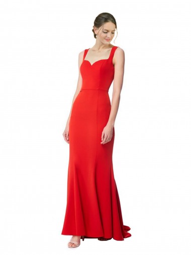Long Chapel Train Fishtail Crepe Maxi Dress with Sweetheart Neckline
