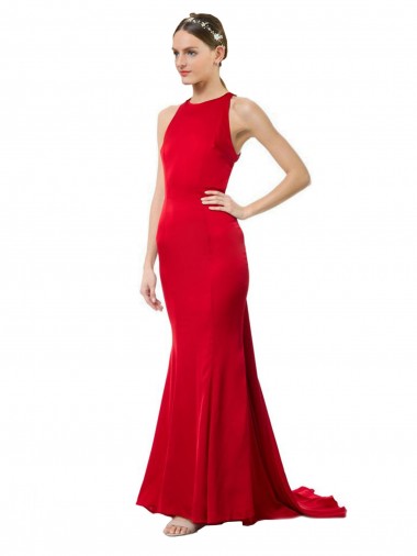 High Neck Mermaid Open Back Crepe Formal Evening Dress / Maxi Dress with Train Detail