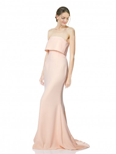 High Neck Strapless Long Crepe Formal Evening Dress / Bridesmaid Maxi Dress with Overlay