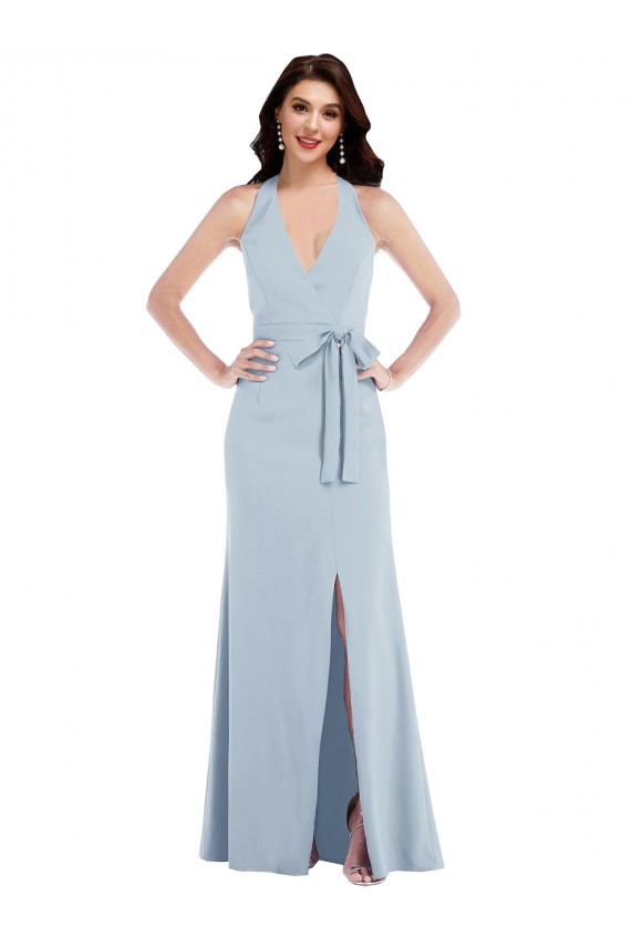 Open Back Halter Crepe Maxi Dress with Draped Bow