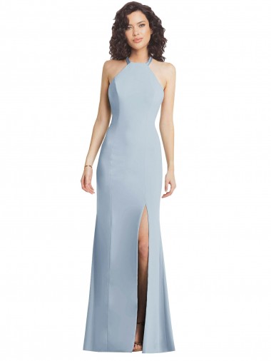 High Neck Halter Crepe Maxi Dress with Twist Criss Cross Back