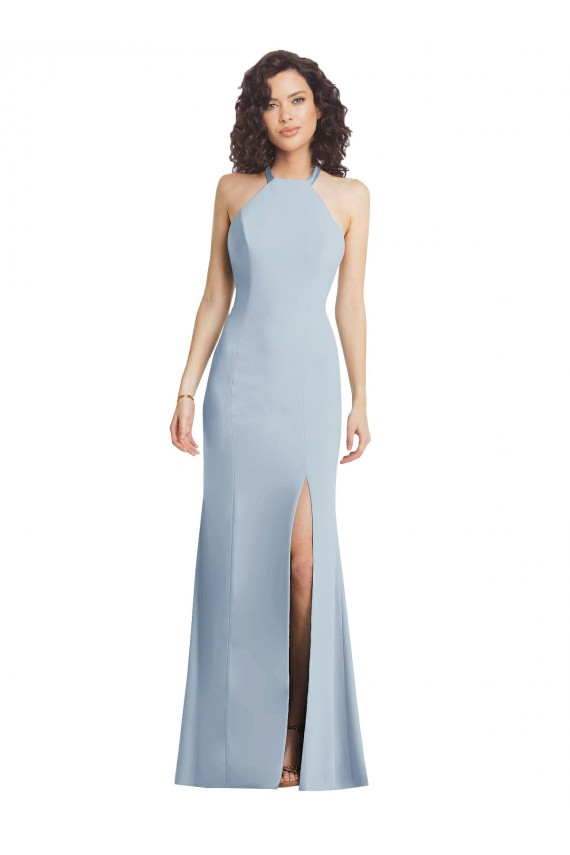 High Neck Halter Crepe Maxi Dress with Twist Criss Cross Back