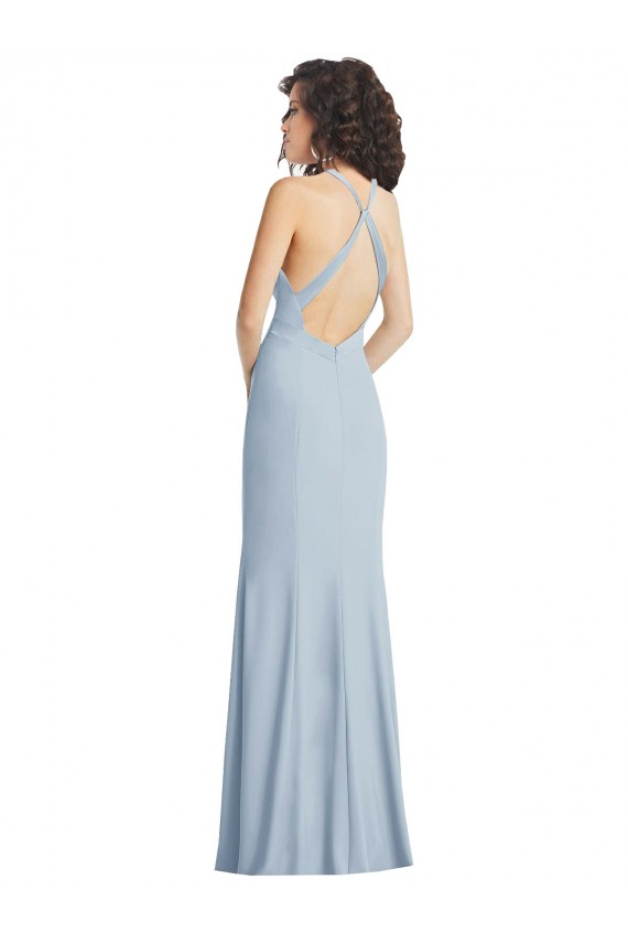 High Neck Halter Crepe Maxi Dress with Twist Criss Cross Back