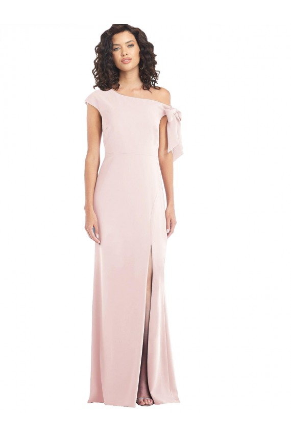 Off the Shoulder Tie Detail Trumpet Crepe Maxi Dress with Front Slit