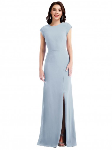 Cap Sleeve Open Back Trumpet Crepe Maxi Dress with Front Slit