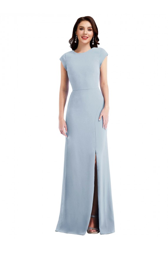 Cap Sleeve Open Back Trumpet Crepe Maxi Dress with Front Slit