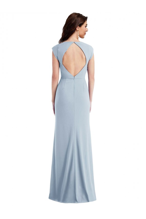 Cap Sleeve Open Back Trumpet Crepe Maxi Dress with Front Slit