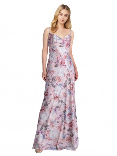 Draped Cowl Neck Long Printed Stretch Satin Evening Dress