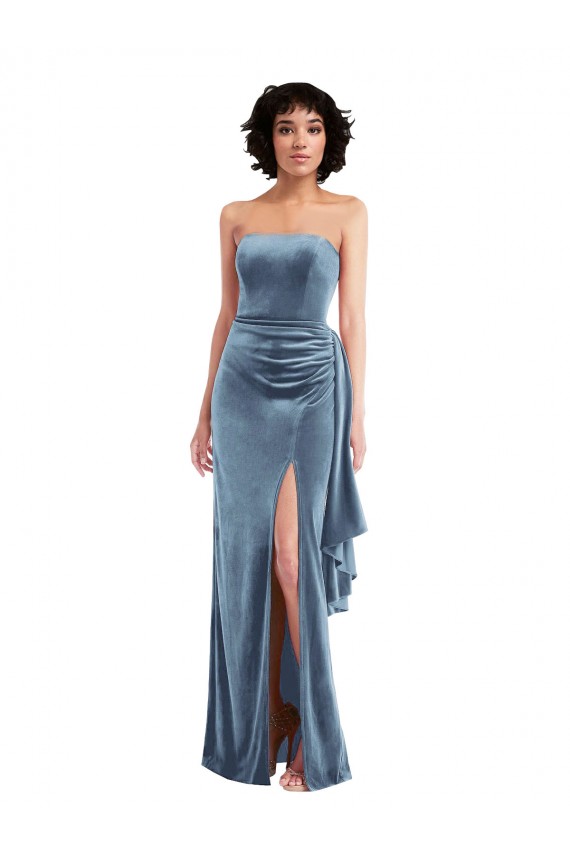 Strapless Velvet Formal Evening Dress / Maxi Dress with Draped Skirt