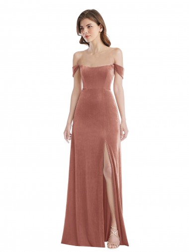 Off the Shoulder Flounce Sleeve Velvet Evening Dress with Pockets