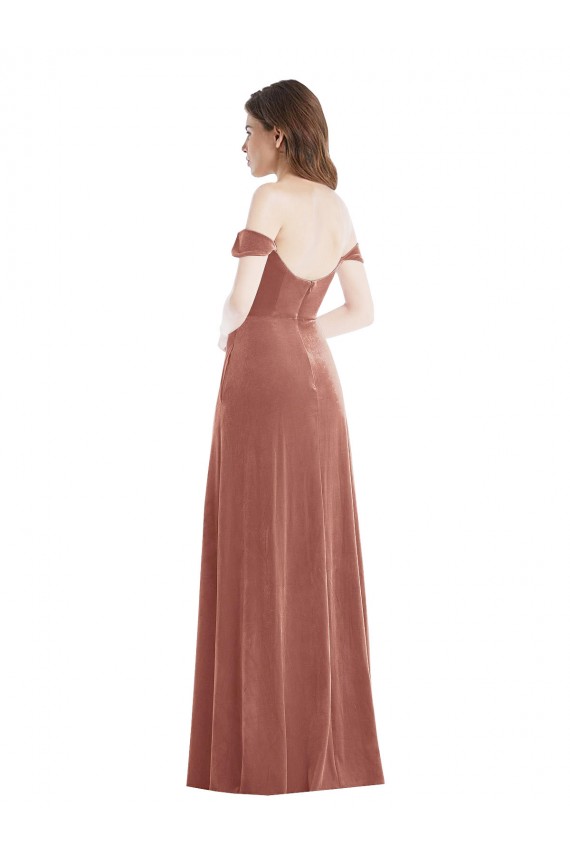 Off the Shoulder Flounce Sleeve Velvet Evening Dress with Pockets