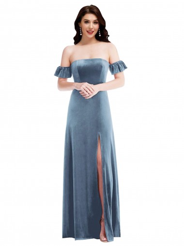 Ruffle Sleeve Off the Shoulder Velvet Evening Dress / Maxi Dress