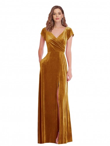 Cap Sleeve Faux Wrap Velvet Formal Evening Dress / Maxi Dress with Pockets