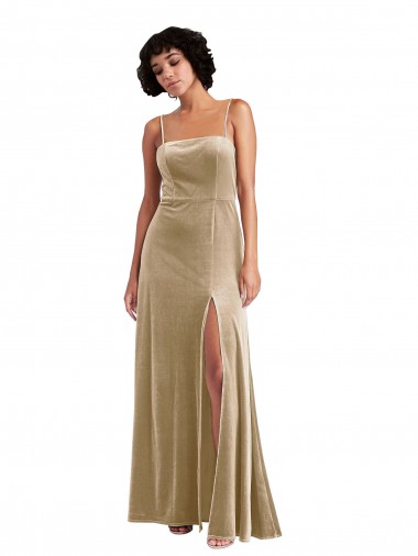 Square Neck Velvet Formal Evening Dress / Maxi Dress with Front Slit & Pocket