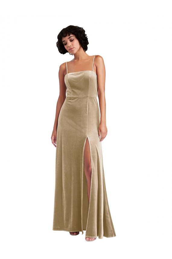 Square Neck Velvet Formal Evening Dress / Maxi Dress with Front Slit & Pocket