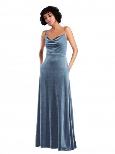 Sleek Cowl Neck Velvet Evening Dress / Maxi Dress with Pockets