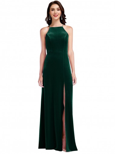 Velvet Halter Evening Dress / Maxi Dress with Pockets and Front Slit