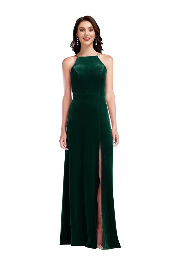 Velvet Halter Evening Dress / Maxi Dress with Pockets and Front Slit