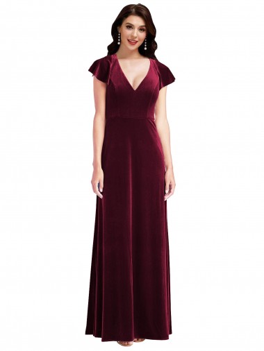 Flutter Sleeve Velvet Evening Dress / Maxi Dress with Pockets