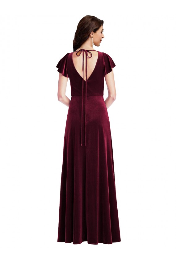 Flutter Sleeve Velvet Evening Dress / Maxi Dress with Pockets