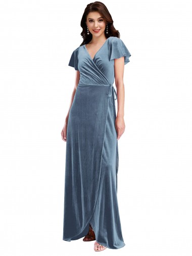 Flutter Sleeve Velvet Wrap Evening Dress / Bridesmaid Maxi Dress with Pockets