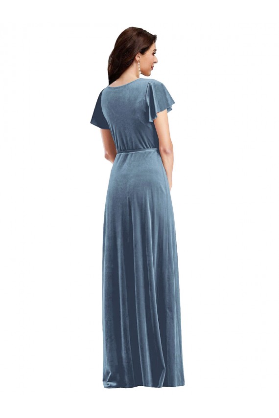 Flutter Sleeve Velvet Wrap Evening Dress / Bridesmaid Maxi Dress with Pockets