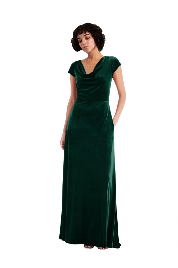 Cowl Neck Cap Sleeve Velvet Evening Dress / Bridesmaid Maxi Dress with Pockets