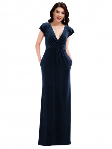 Flutter Sleeve Wrap Bodice Velvet Formal Maxi  Evening Dress / Bridesmaid Dress with Pockets