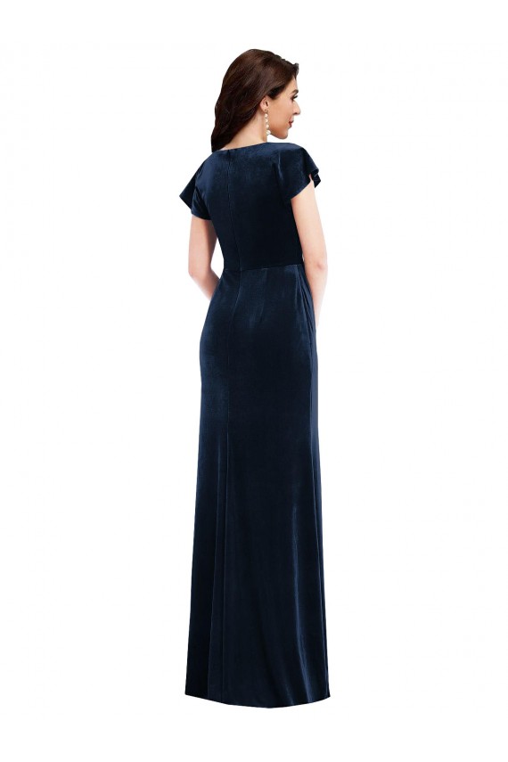 Flutter Sleeve Wrap Bodice Velvet Formal Maxi  Evening Dress / Bridesmaid Dress with Pockets