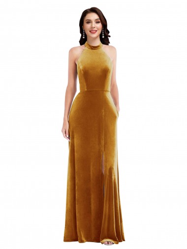 High-Neck Halter Velvet Evening Dress / Maxi Dress with Front Slit