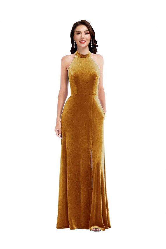 High-Neck Halter Velvet Evening Dress / Maxi Dress with Front Slit