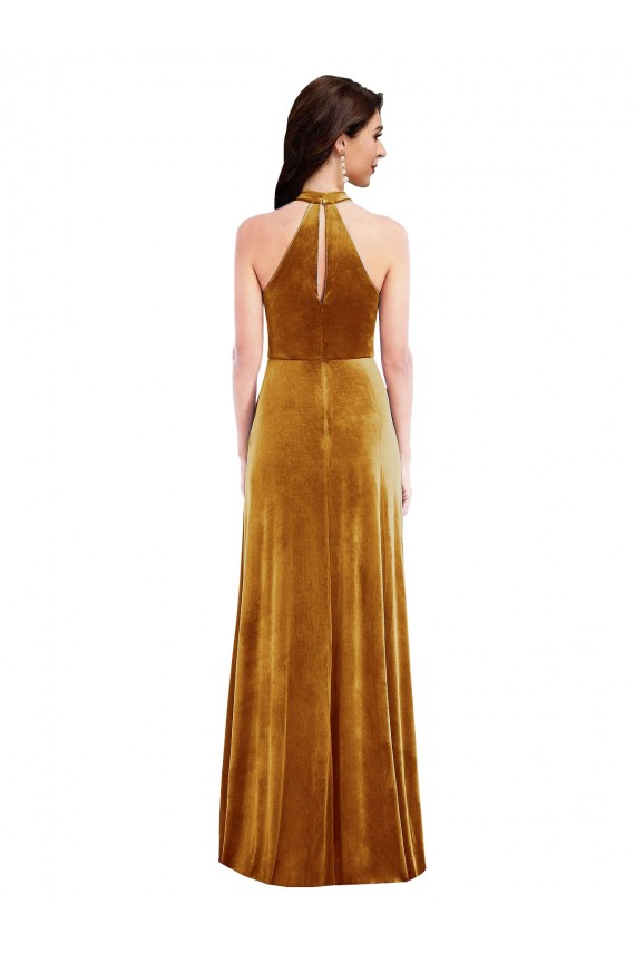High-Neck Halter Velvet Evening Dress / Maxi Dress with Front Slit