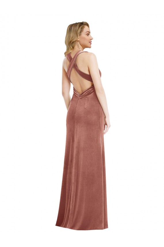 Plunging Neckline Velvet Formal Evening Dress / Maxi Dress with Criss Cross Open Back