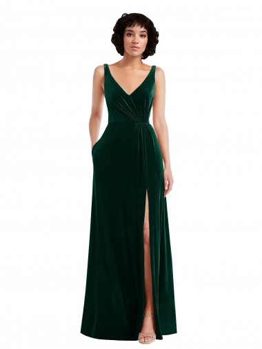 Floor Length Velvet Evening Dress / Bridesmaid Maxi Dress with Shirred Bodice and Front Slit