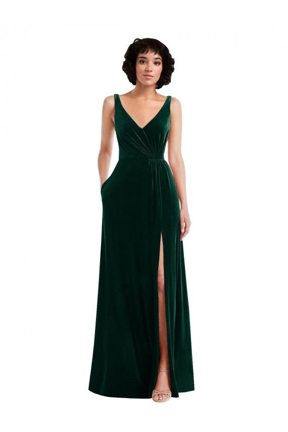 Floor Length Velvet Evening Dress / Bridesmaid Maxi Dress with Shirred Bodice and Front Slit