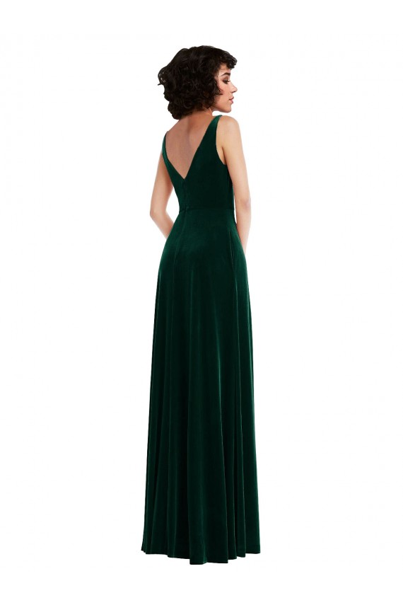 Floor Length Velvet Evening Dress / Bridesmaid Maxi Dress with Shirred Bodice and Front Slit