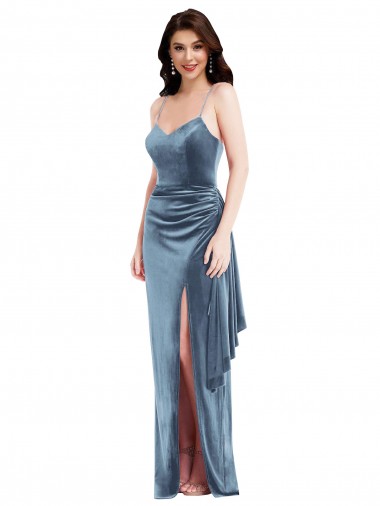 Spaghetti Strap Velvet Formal Evening Dress / Maxi Dress with Draped Skirt