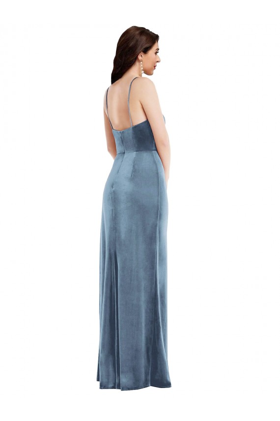 Spaghetti Strap Velvet Formal Evening Dress / Maxi Dress with Draped Skirt