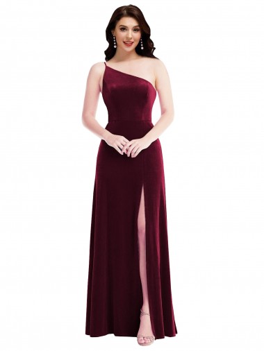 One Shoulder Spaghetti Strap Velvet Evening Dress / Bridesmaid Maxi Dress with Pockets