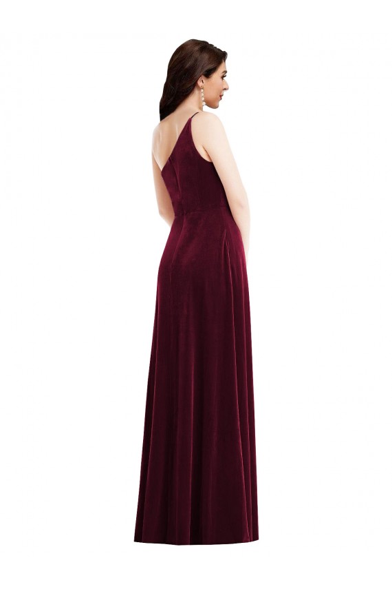 One Shoulder Spaghetti Strap Velvet Evening Dress / Bridesmaid Maxi Dress with Pockets