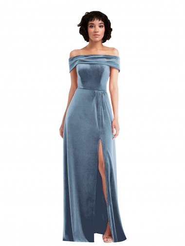 Draped Cuff Off the Shoulder Velvet Evening Dress / Maxi Dress with Pockets