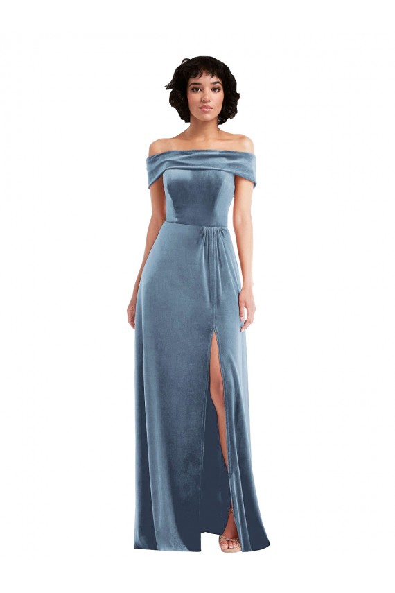 Draped Cuff Off the Shoulder Velvet Evening Dress / Maxi Dress with Pockets
