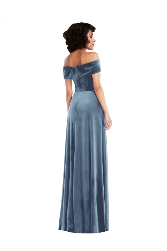 Draped Cuff Off the Shoulder Velvet Evening Dress / Maxi Dress with Pockets