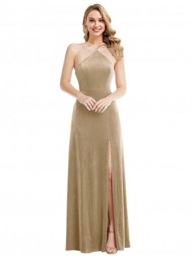 High Neck Halter Open Back Long Velvet Evening Dress / Maxi Dress with Pockets