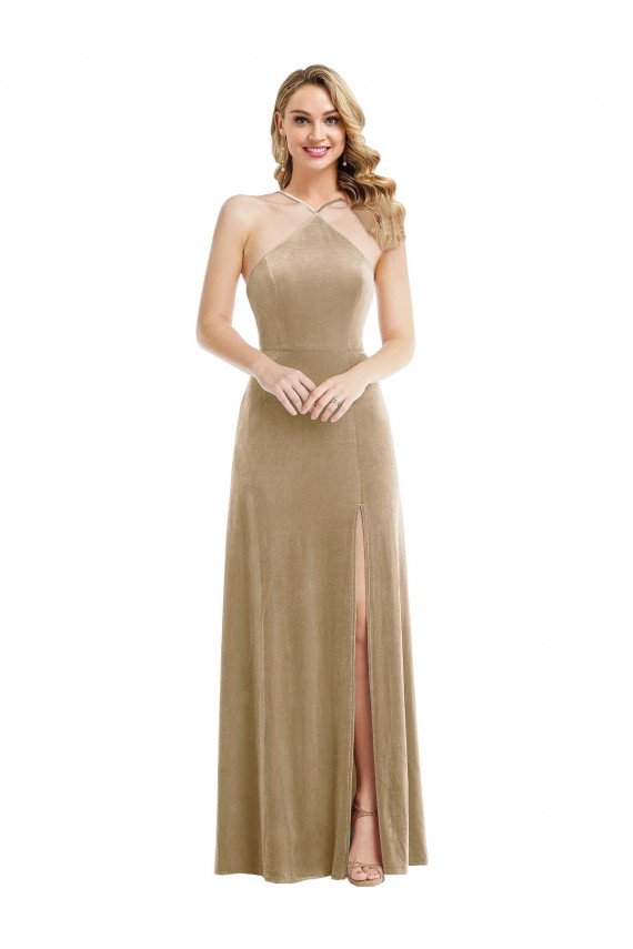 High Neck Halter Open Back Long Velvet Evening Dress / Maxi Dress with Pockets