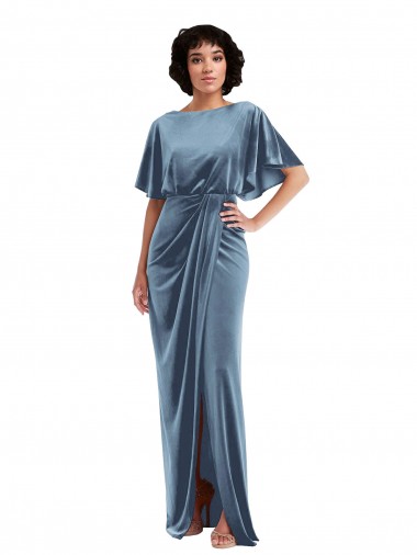 Flutter Sleeve Open Back Velvet Evening Dress / Maxi Dress with Pockets & Draped Wrap Skirt