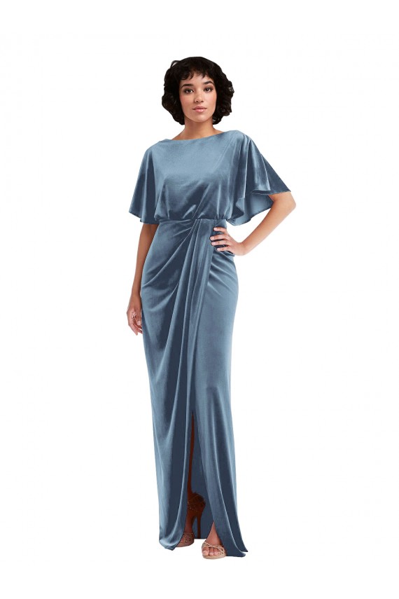Flutter Sleeve Open Back Velvet Evening Dress / Maxi Dress with Pockets & Draped Wrap Skirt